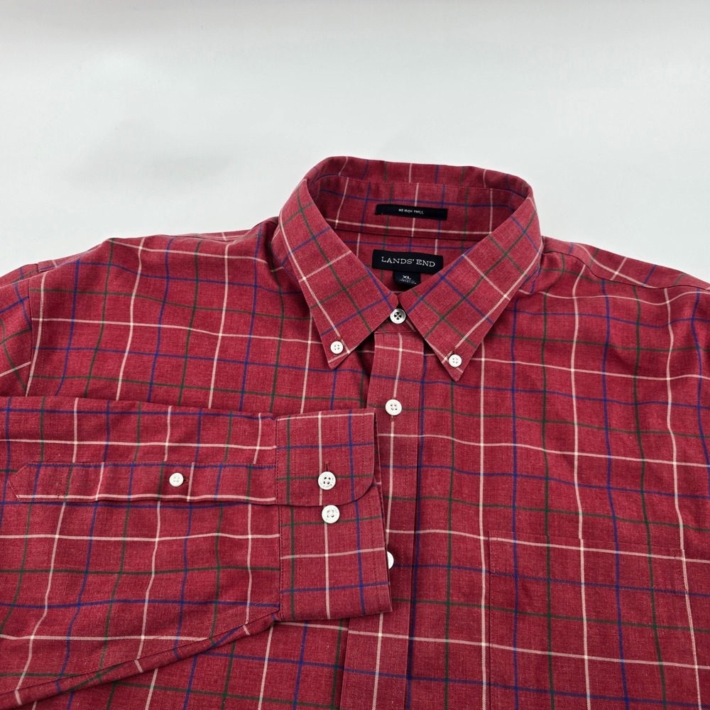 Lands' End Button‎ Down Shirt Mens Traditional Fit No Iron Twill Red Plaid XL